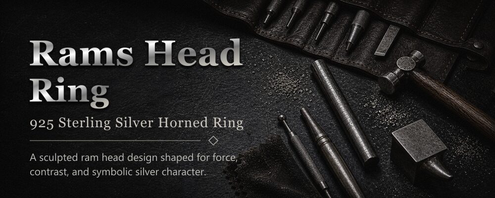 rams head ring 925 sterling silver workshop banner with silversmith tools