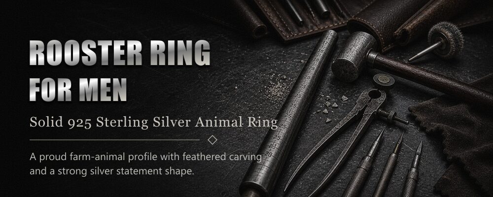 rooster ring for men 925 sterling silver workshop banner with silversmith tools