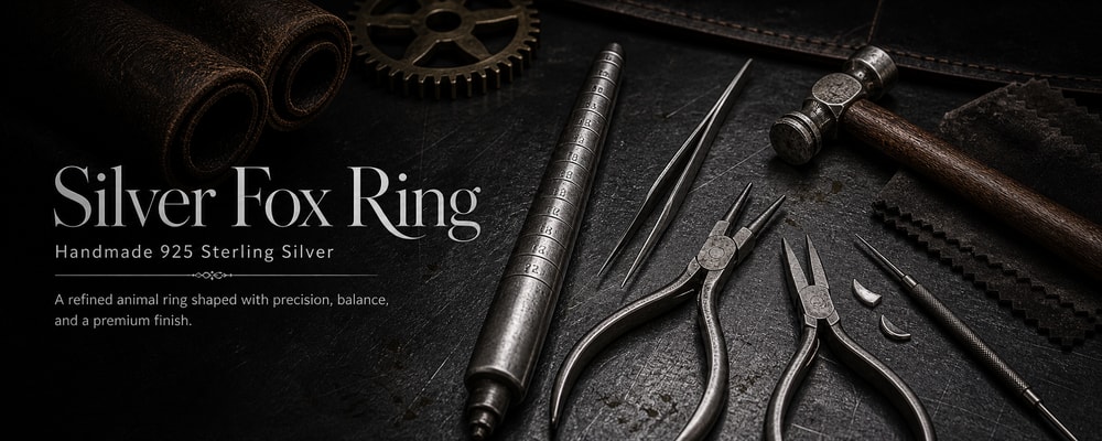 Silver Fox Ring handmade silver tools banner with ring mandrel tweezers pliers hammer leather rolls and polishing cloth