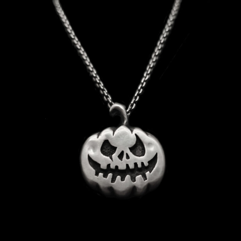 Pumpkin Skull Necklace for Men - 925 Silver Jack O Lantern