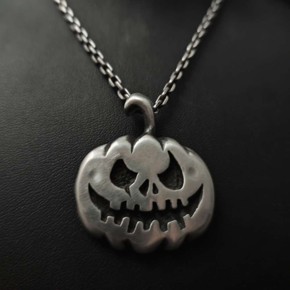 Pumpkin Skull Necklace for Men - 925 Silver Gothic Pendant - Image 3