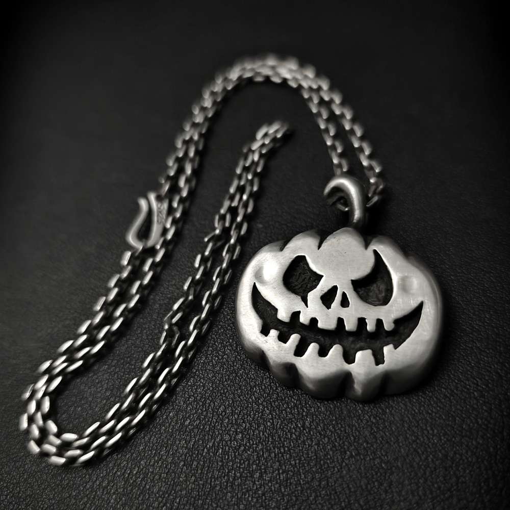 Pumpkin Skull Necklace for Men - 925 Silver Gothic Pendant - Image 5
