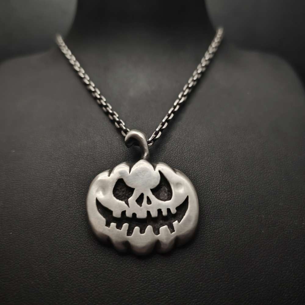 Pumpkin Skull Necklace for Men - 925 Silver Gothic Pendant - Image 6