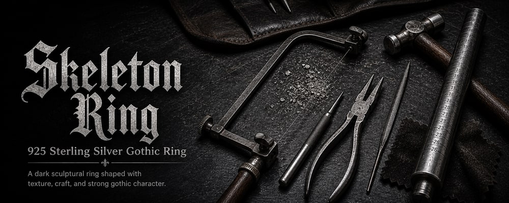 Skeleton Ring 925 sterling silver gothic ring silversmith tools banner