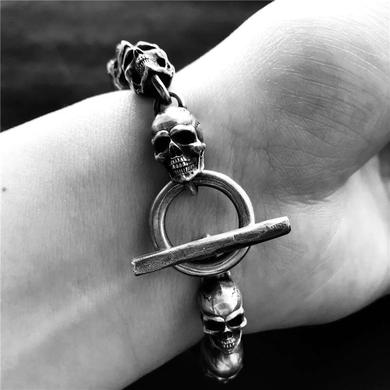925 Silver Skull Bracelet - Heavy Mens Bracelet - Image 4