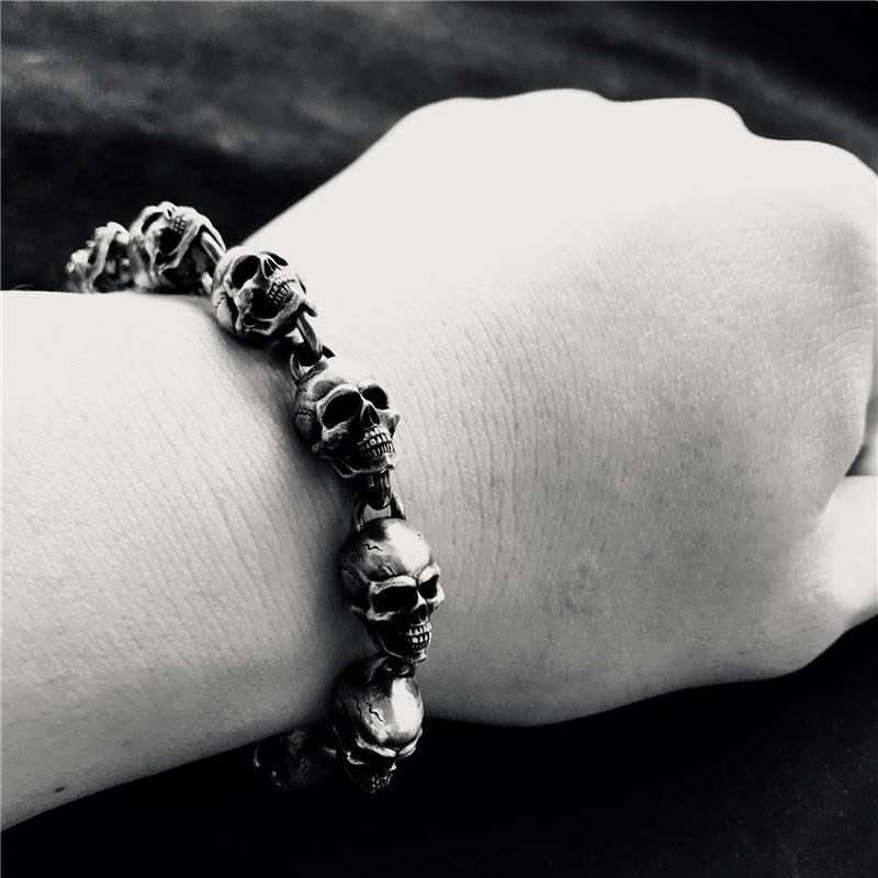 925 Silver Skull Bracelet - Heavy Mens Bracelet - Image 5