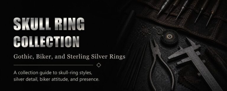 skull ring collection featured image with silver jewelry workshop tools