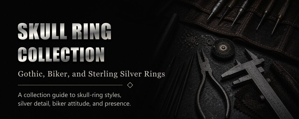 skull ring collection featured image with silver jewelry workshop tools