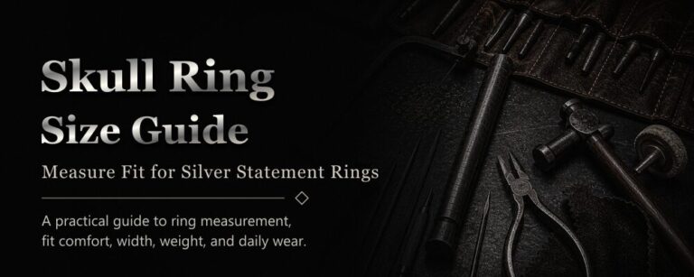 skull ring size guide featured image with silver jewelry workshop tools