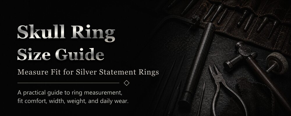 skull ring size guide featured image with silver jewelry workshop tools