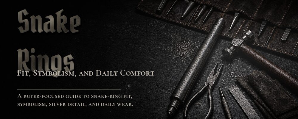 Snake rings guide with gothic cracked-stone typography and silver workshop tools