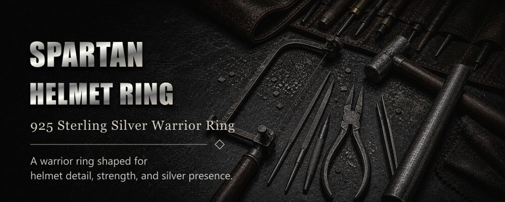 Spartan helmet ring 925 sterling silver metalsmith tools workshop banner