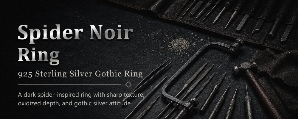 spider noir ring 925 sterling silver workshop banner with silversmith tools