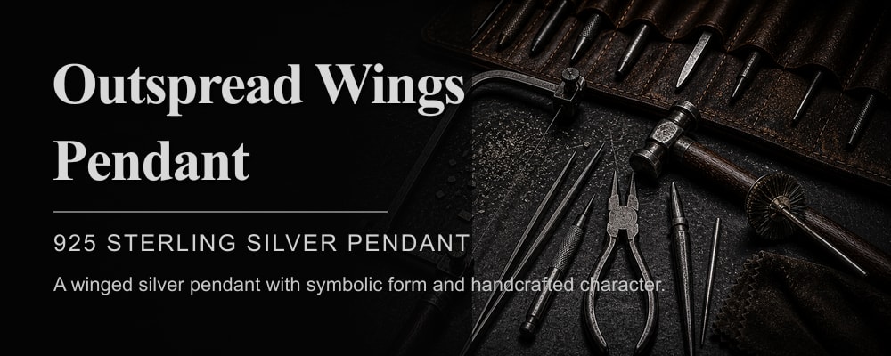 Outspread Wings Pendant 925 sterling silver angel pendant dark silversmith tools banner