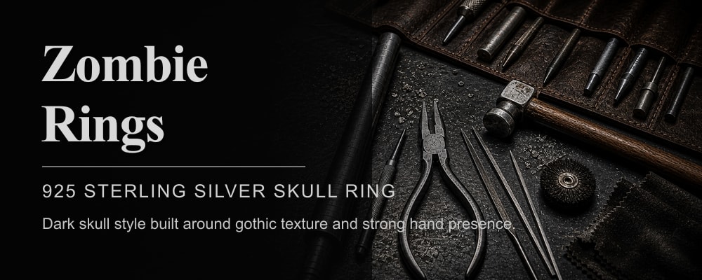 Zombie Rings 925 sterling silver skull ring dark silversmith tools banner