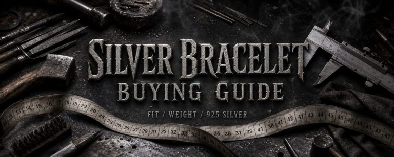MENSSKULL silver bracelet buying guide dark metalsmith workshop banner with measuring tape and jewelry tools