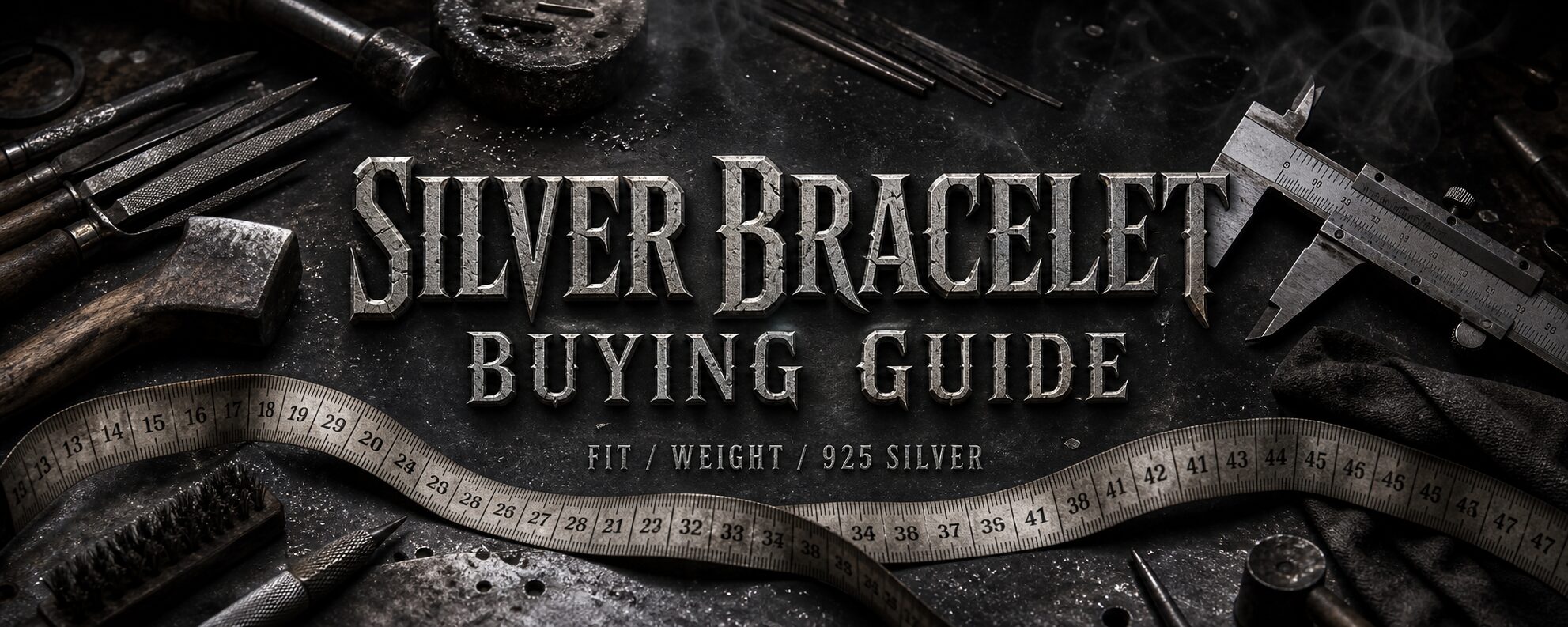 MENSSKULL silver bracelet buying guide dark metalsmith workshop banner with measuring tape and jewelry tools