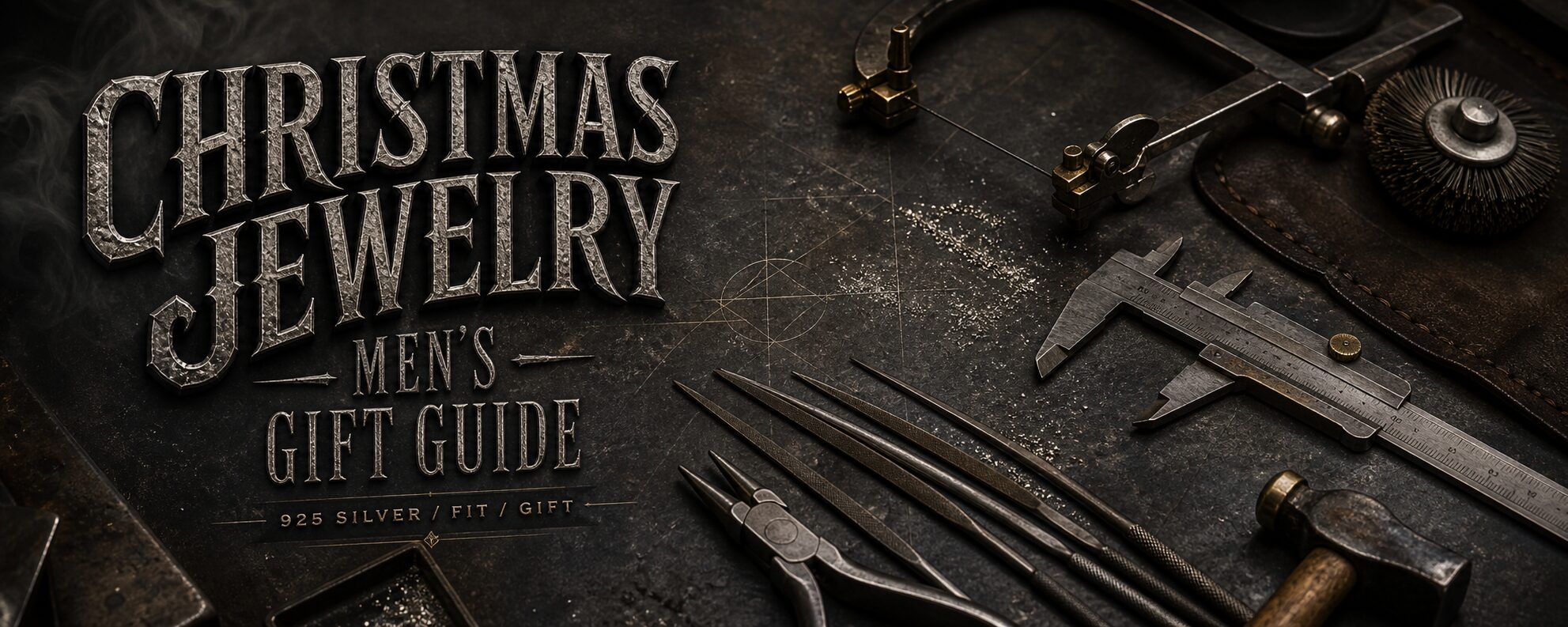 MENSSKULL Christmas jewelry men's gift guide dark silver workshop banner with metalsmith tools