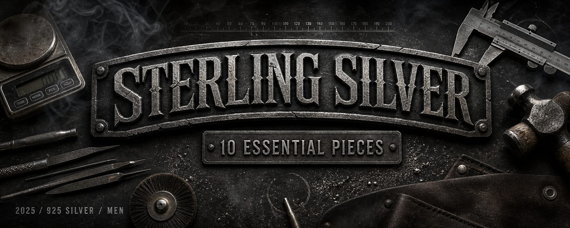MENSSKULL sterling silver essential pieces dark metalsmith workshop banner with engraved silver typography