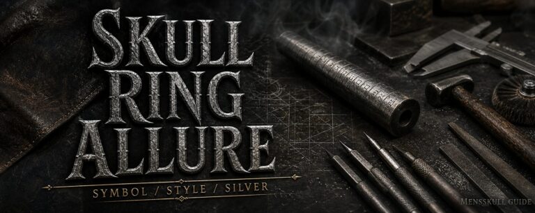 MENSSKULL skull ring allure dark metalsmith workshop banner with carved silver lettering and jewelry tools