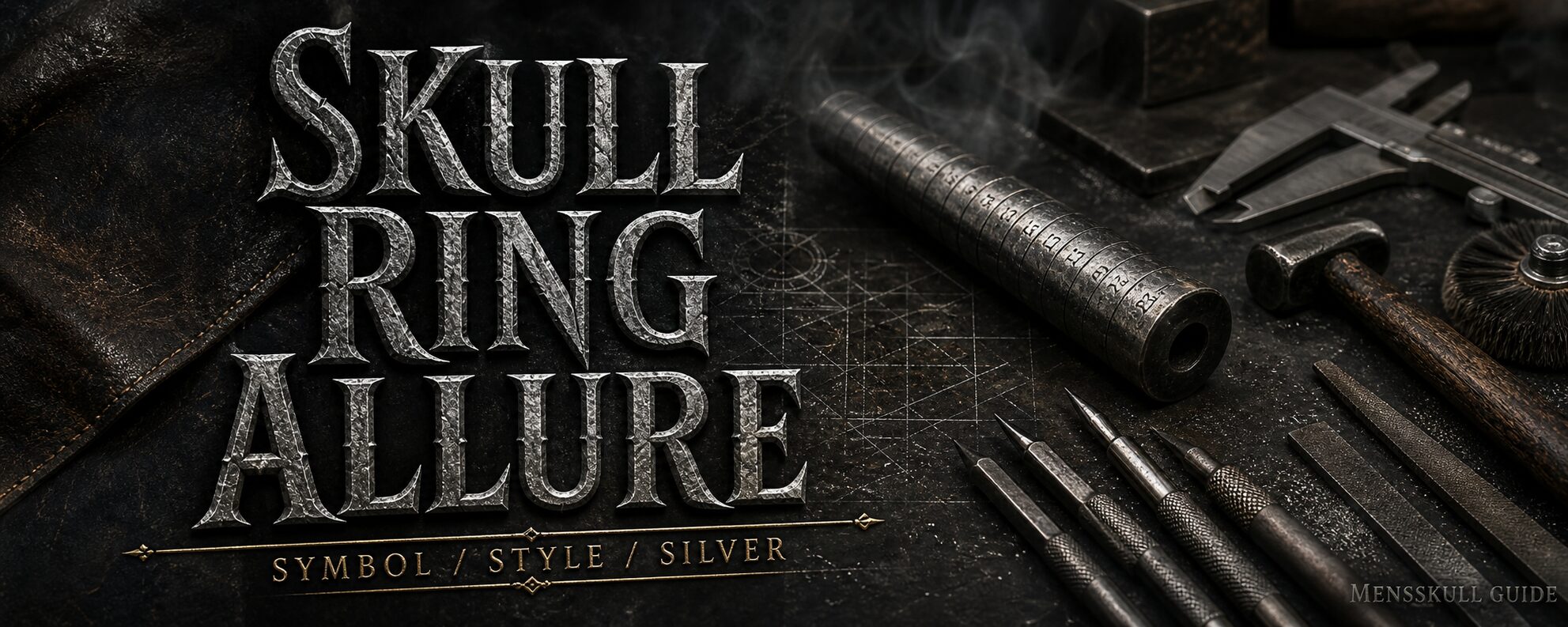 MENSSKULL skull ring allure dark metalsmith workshop banner with carved silver lettering and jewelry tools