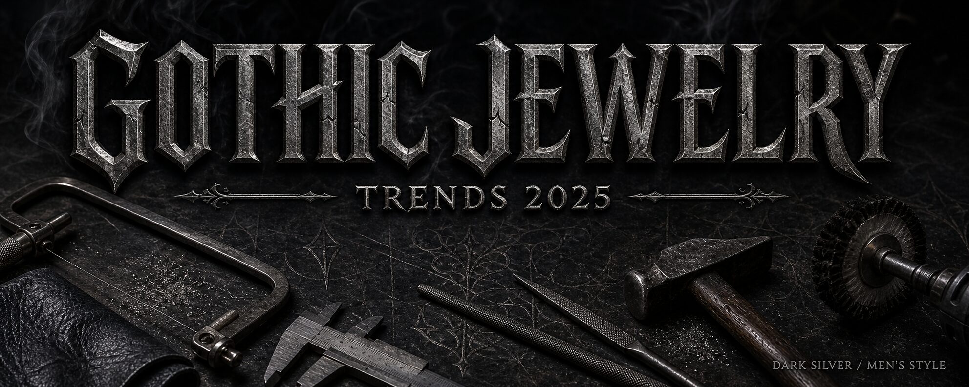 MENSSKULL gothic jewelry trends 2025 dark silver workshop banner with metalsmith tools
