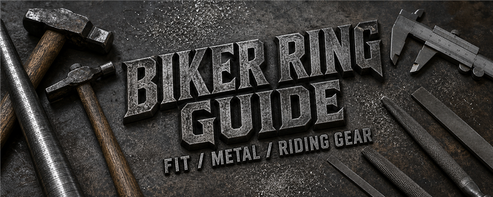 Men's biker ring guide banner with ring mandrel, hammers, caliper and metalworking files on a dark silversmith bench