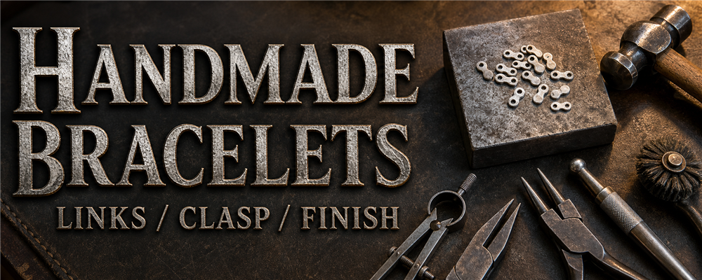 Handmade men's bracelet guide banner with raw silver link blanks, planishing hammer, pliers and polishing tools on a metalsmith bench