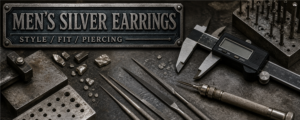 Men's silver earrings guide banner with caliper, micro files, pin vise and raw sterling fragments on a precision engraving bench