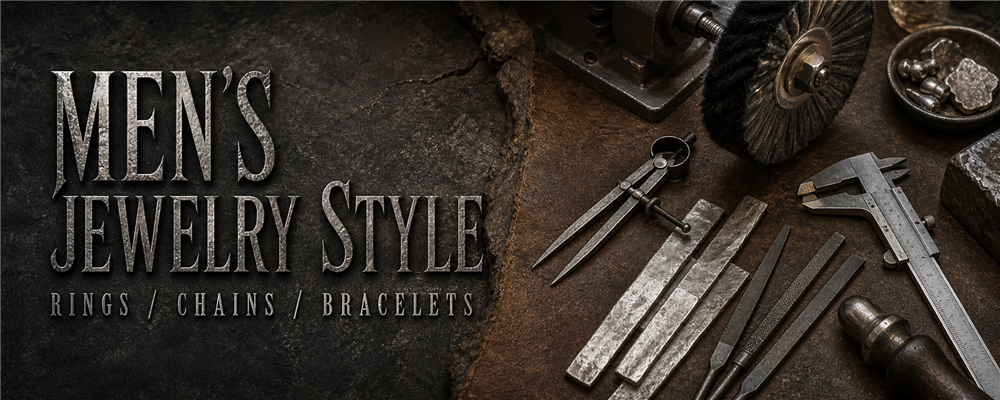 Men's jewelry style guide banner with polishing wheel, dividers, caliper, files and raw silver strips on a dark metalsmith bench