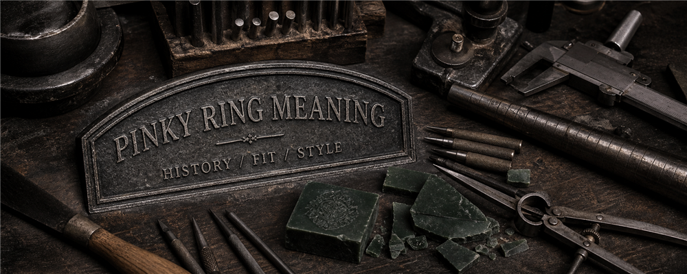 Pinky ring meaning guide banner with engraved metal plaque, ring mandrel, seal punches, dividers and raw wax on a silversmith bench