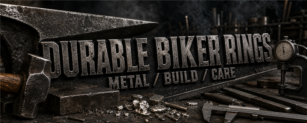 Durable biker ring guide banner with anvil, chasing hammer, caliper, thickness gauge, files and raw sterling fragments in a dark workshop