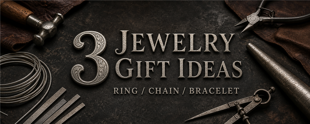 Three jewelry gift ideas banner with ring mandrel, hammer, dividers, pliers and raw silver stock on a dark metalsmith bench