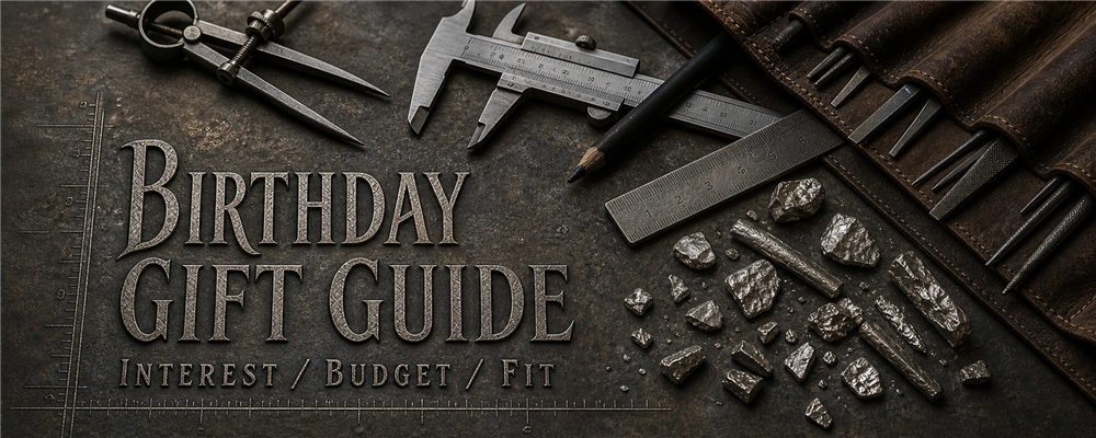 Birthday gift guide banner with caliper, dividers, ruler, files, leather tool roll and raw sterling fragments on a workshop bench