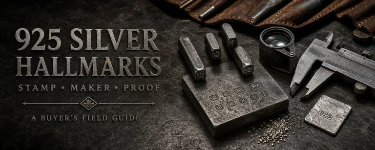 925 silver hallmark meaning guide with assay punches, loupe and jeweler tools