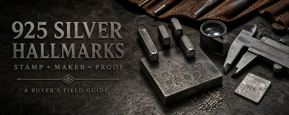 925 silver hallmark meaning guide with assay punches, loupe and jeweler tools