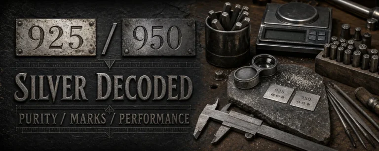 925 vs 950 silver comparison guide with assay stamps, calipers, scale, and metalsmith tools