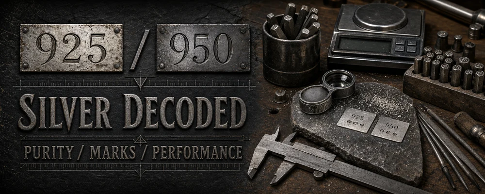 925 vs 950 silver comparison guide with assay stamps, calipers, scale, and metalsmith tools