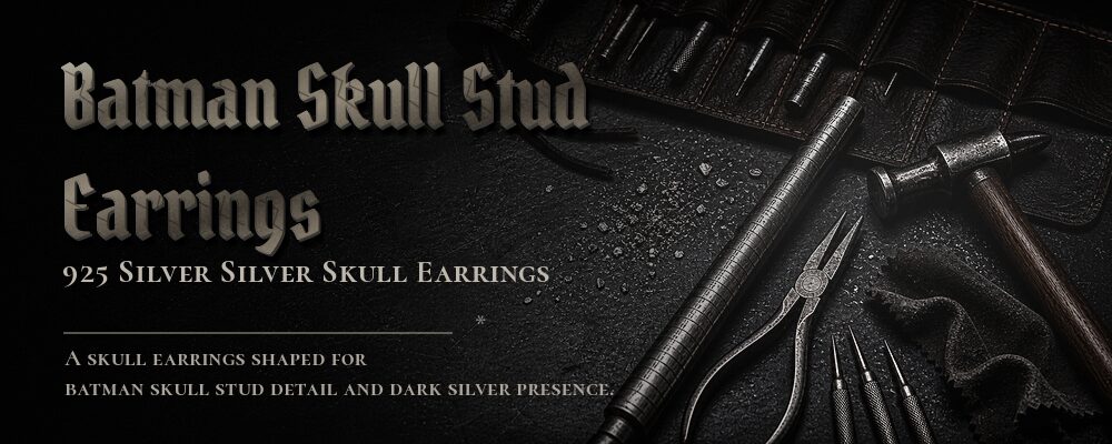 925 silver Batman skull stud earrings with pointed cowl ears workshop banner