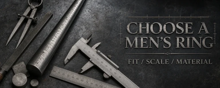 How to choose a men's ring guide with a mandrel and measuring tools on a dark silver workshop bench