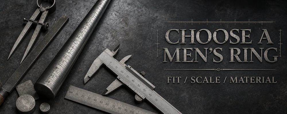 How to choose a men's ring guide with a mandrel and measuring tools on a dark silver workshop bench