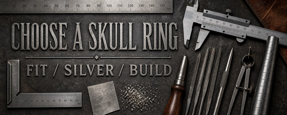 Skull ring buying guide with calipers, mandrel, files and raw silver on a dark workshop bench