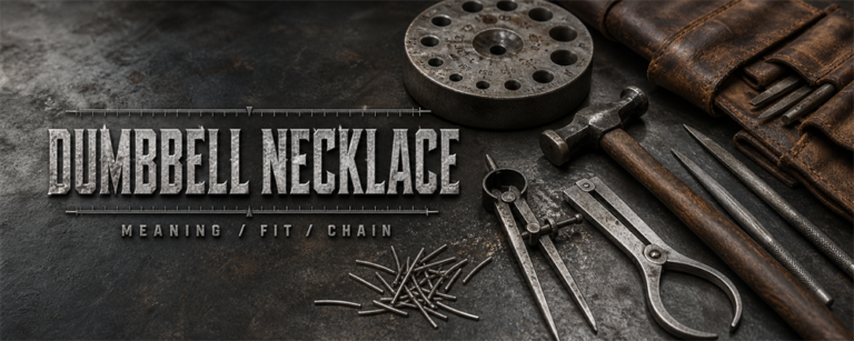 Dumbbell necklace guide with chain-making tools, drawplate, dividers and hammer on a dark silver workshop bench
