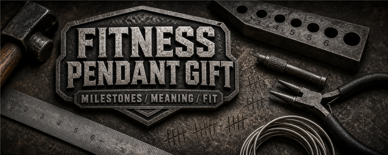 Fitness pendant gift guide with forging hammer, drawplate, ruler and jewelry pliers on a dark metalsmith bench