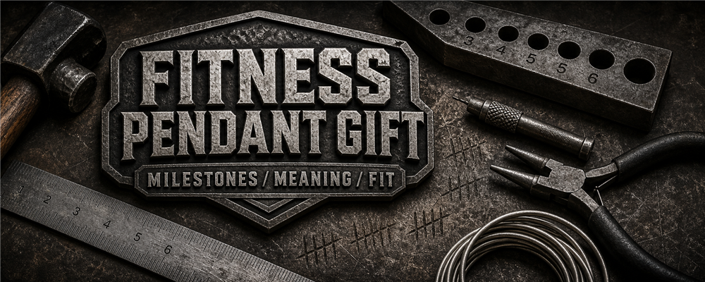 Fitness pendant gift guide with forging hammer, drawplate, ruler and jewelry pliers on a dark metalsmith bench