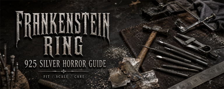 Frankenstein skull ring 925 silver horror guide on dark MENSSKULL metalsmith tools bench