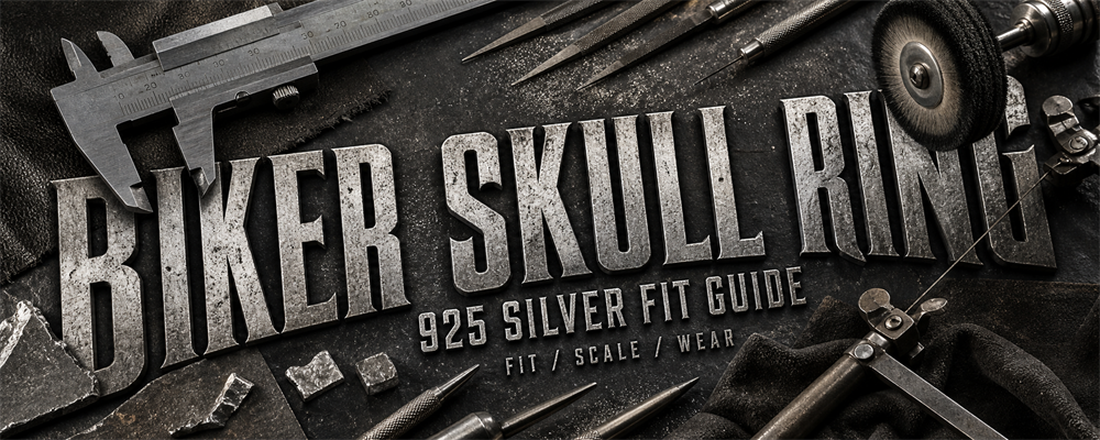 Gothic biker skull ring 925 silver fit guide on dark MENSSKULL metalsmith tools bench