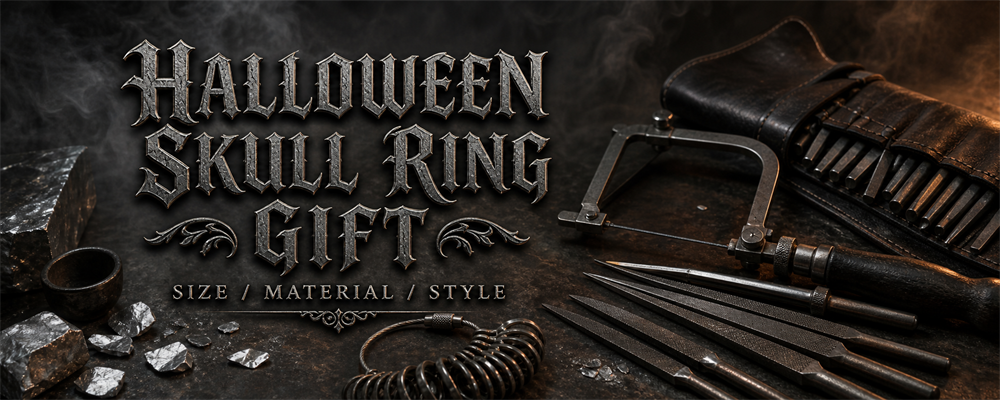 Halloween skull ring gift guide with jeweler saw, engraving punches, sizing gauges, files and raw silver on a smoky workshop bench