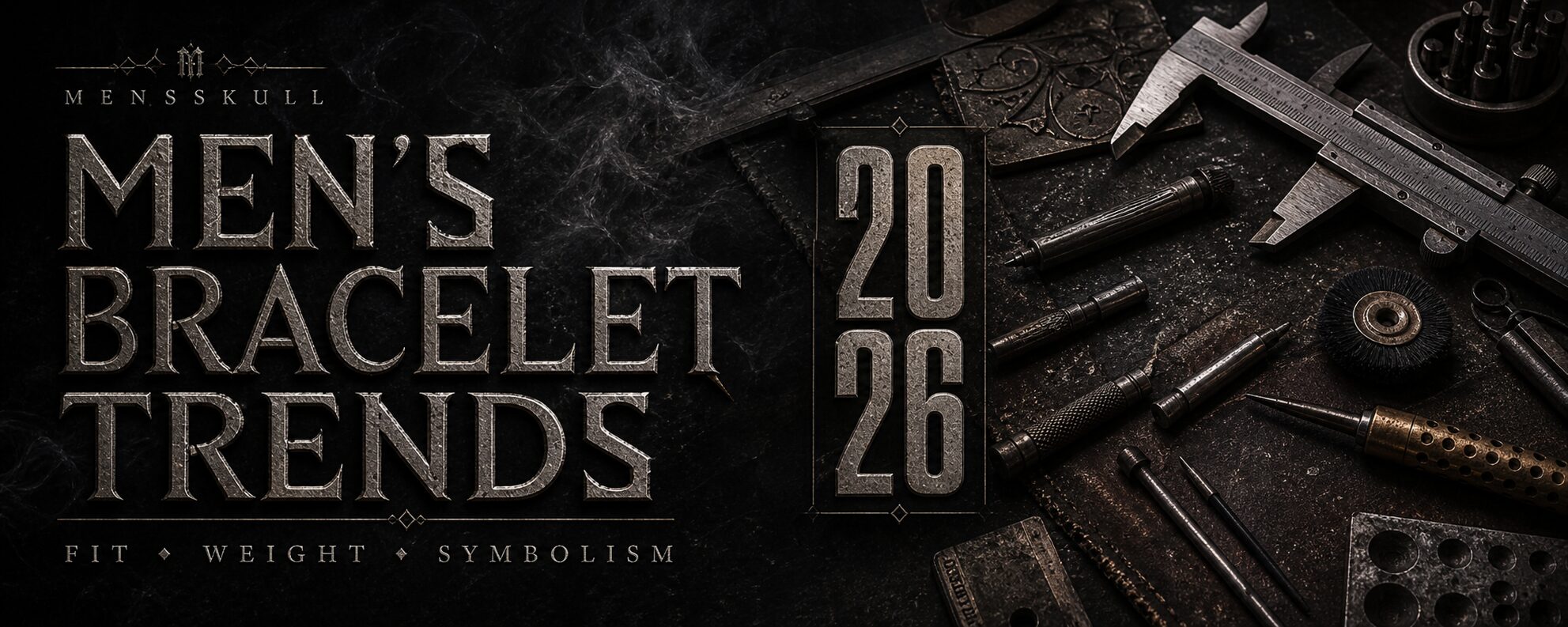 Men's brooches blog featured image with MENSSKULL workshop tools and formal typography