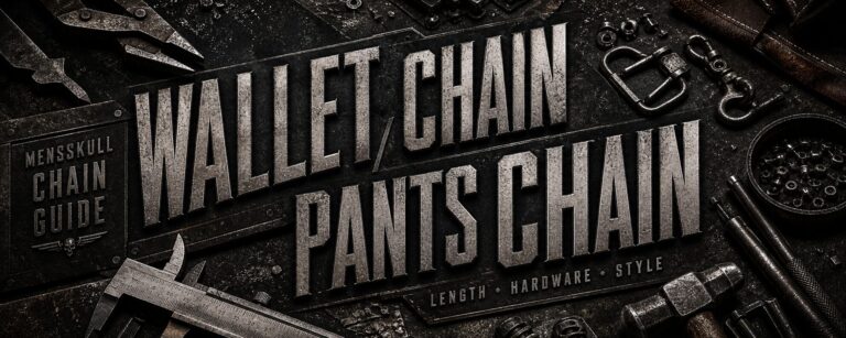 Wallet chain vs pants chain blog featured image with MENSSKULL workshop tools and industrial typography